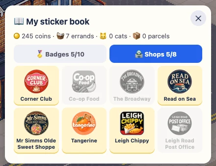 Sticker book with shop stickers and badges