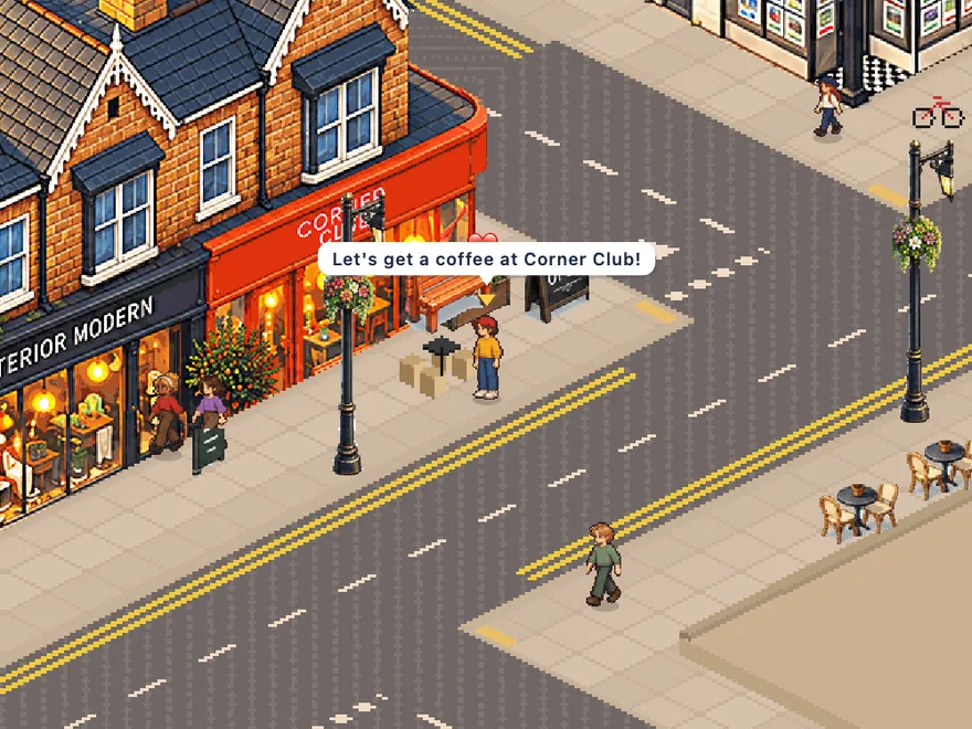Outside Corner Club, a player says "Let's get a coffee at Corner Club!" in a speech bubble, with a heart emote
