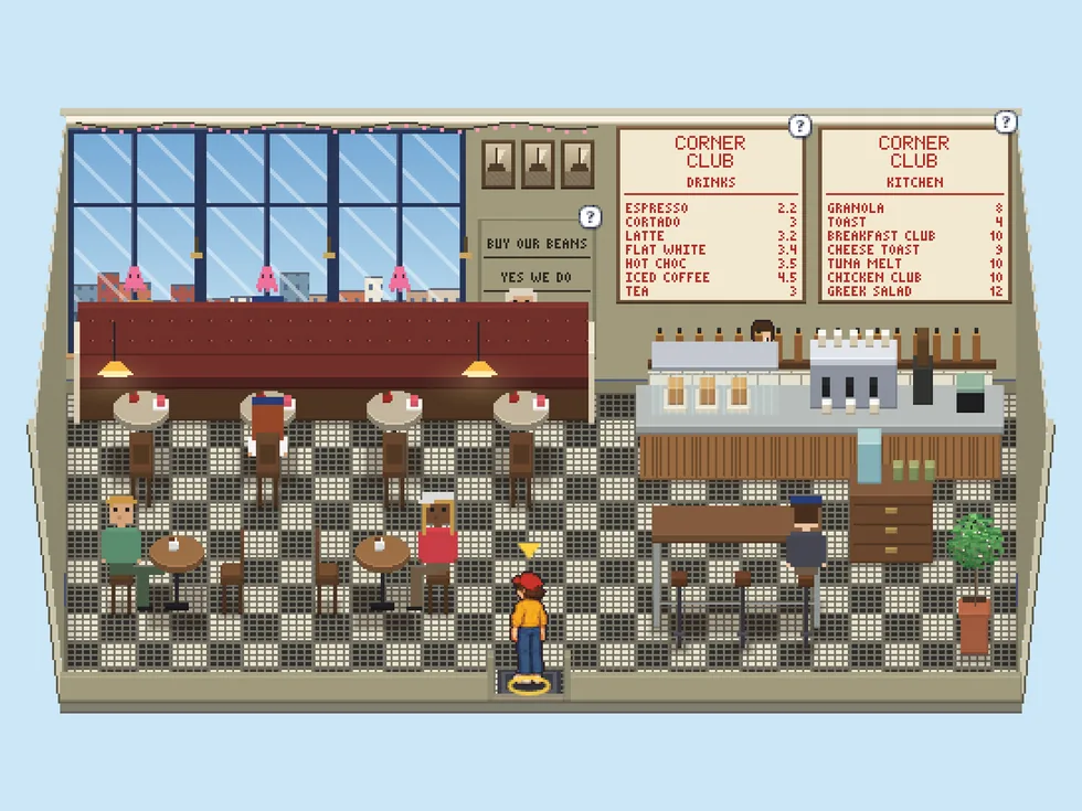 Inside Corner Club cafe in the game: the counter, the drinks and kitchen menus on the wall, and people sitting at the tables
