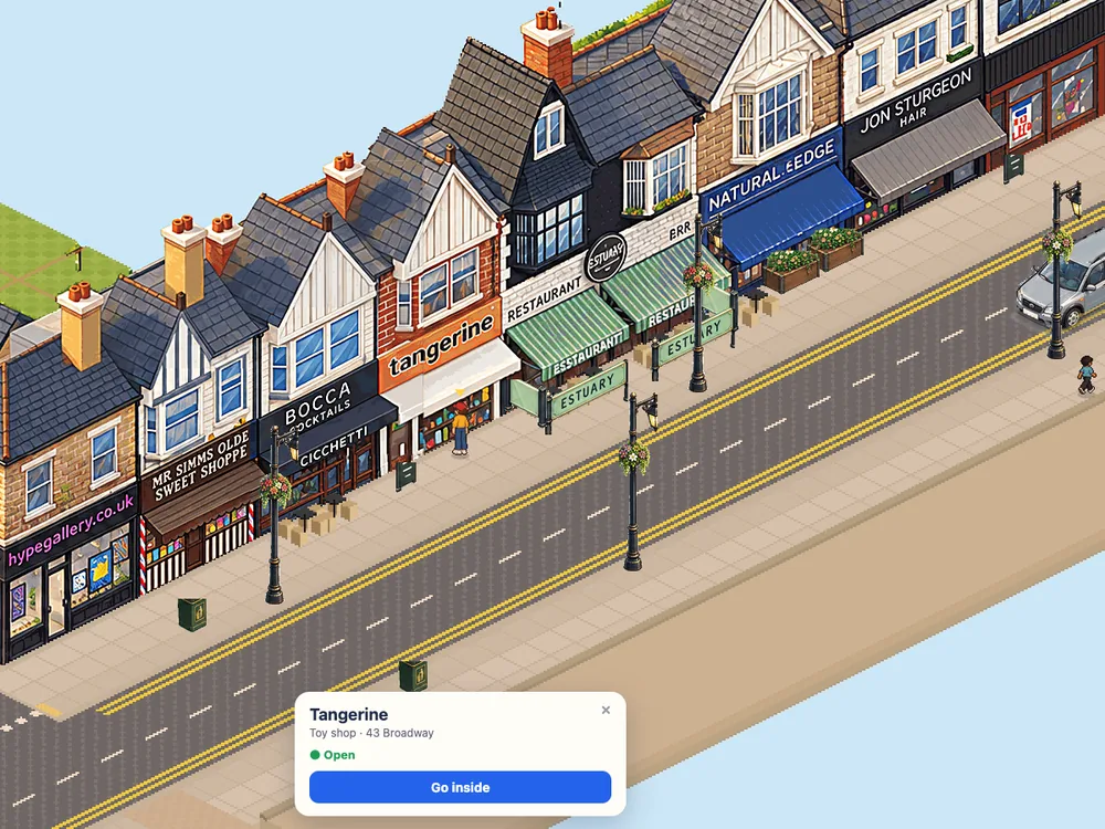 Tangerine toy shop at 43 Broadway in the game, next to Bocca, Mr Simms and Estuary, with its info card showing Open and a Go inside button