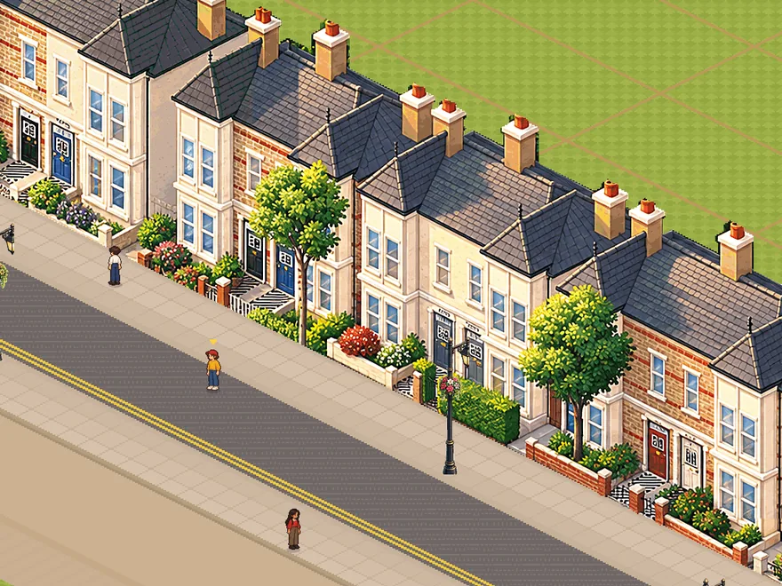 Victoria Road in the game: a row of Victorian houses with bay windows, front gardens and trees